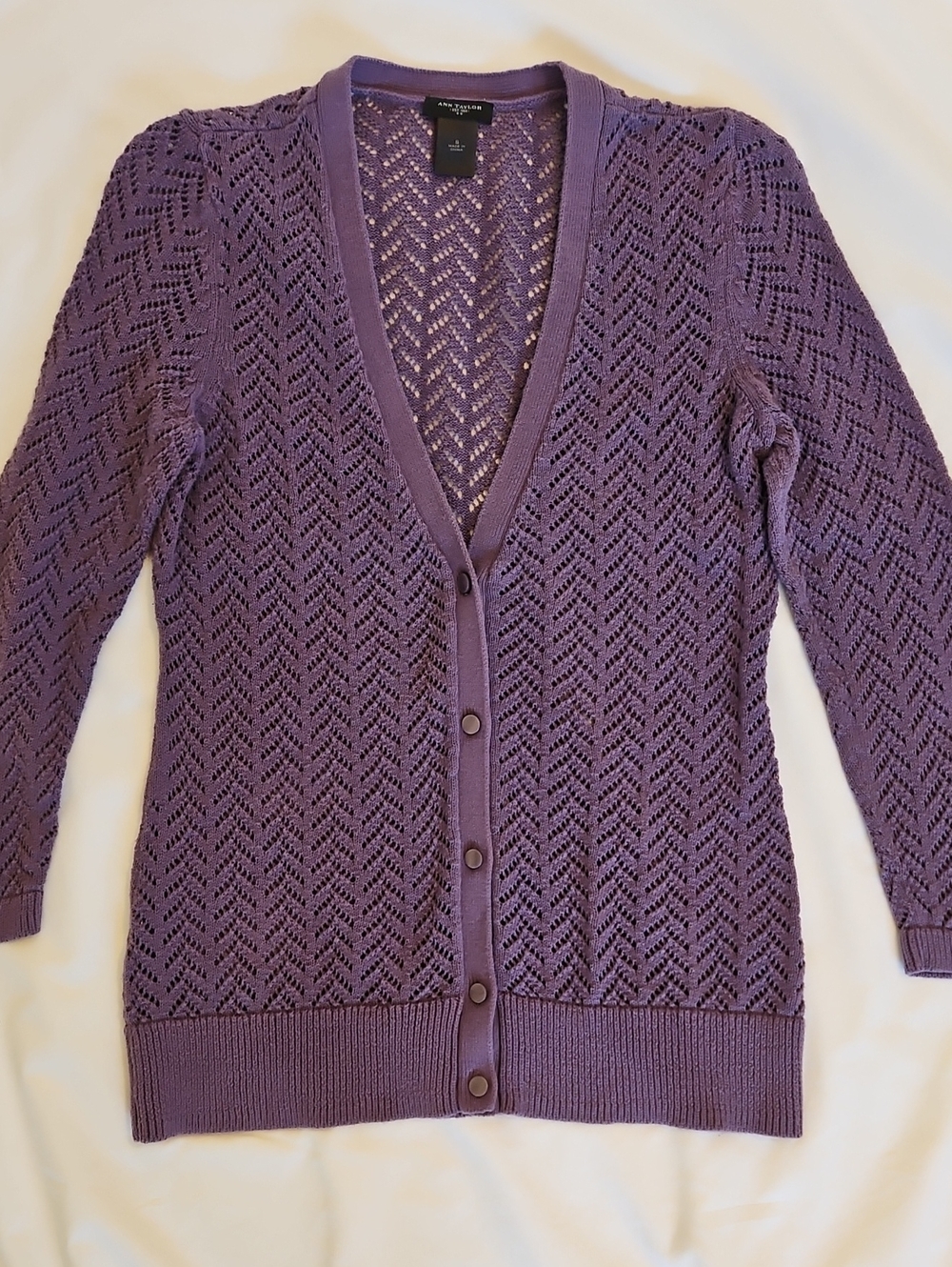 Ann Taylor Violet Openwork V-Neck Open Weave Button Cardigan